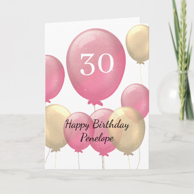 Rosa und Goldballons 30. Geburtstag Karte (Vorderseite)