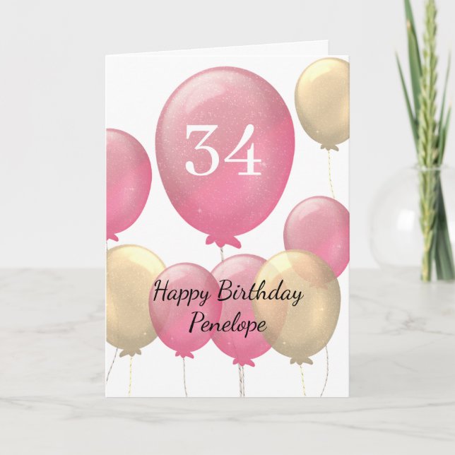 Rosa und Goldballons 34. Geburtstag Karte (Vorderseite)