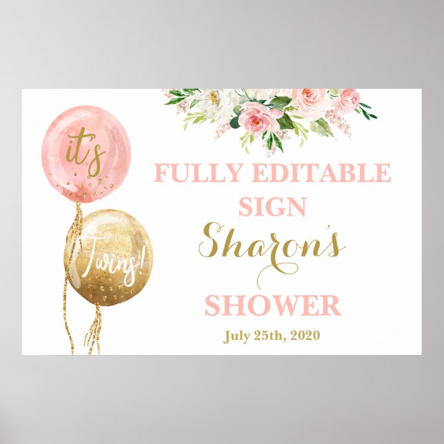 Rosa- und Goldballons Babydusche - Zwillingsmädche Poster (Vorne)