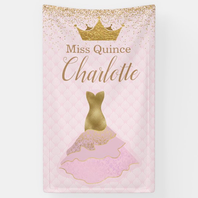 Rosa und Goldbezaubernde KleidQuinceañera Fahne Banner (Vertikal)