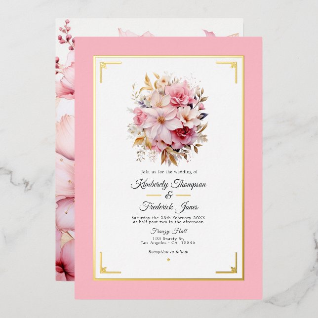 Rosa- und Goldblumenhochzeit Folieneinladung (Vorderseite/Rückseite)