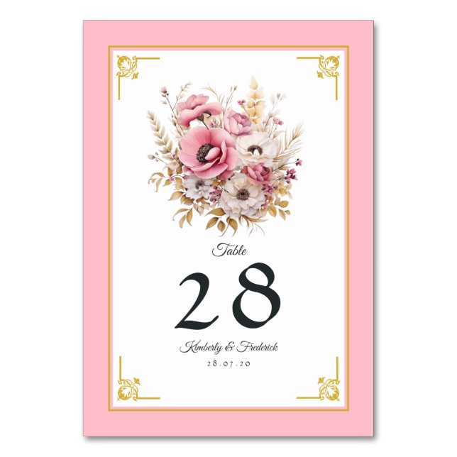 Rosa- und Goldblumenhochzeit Tischnummer (Vorderseite)