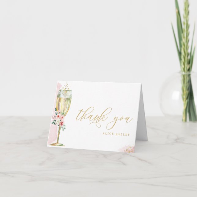 Rosa und goldblütige Champagnergläser Personalisie Dankeskarte (Vorderseite)