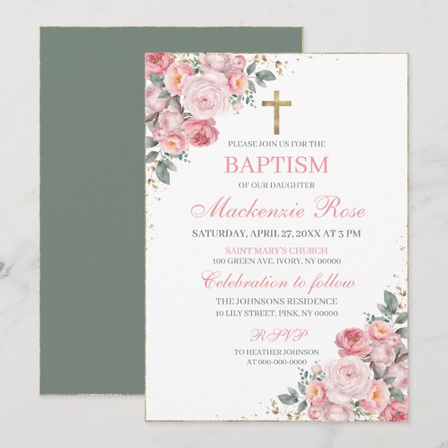 Rosa und goldblütige Taufe Einladung (Vorne/Hinten)