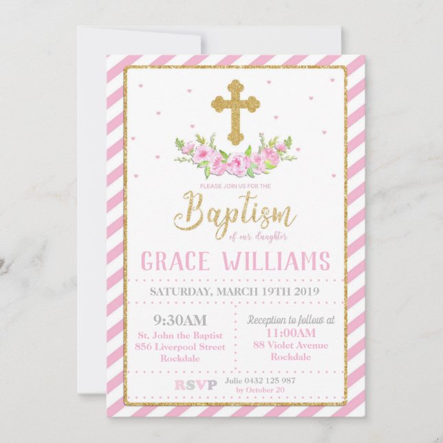 Rosa und goldblütige Taufkirche Girl Einladung (Vorderseite)