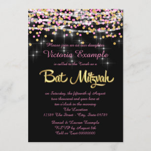 Rosa und Goldconfetti-Schläger Mitzvah Einladung