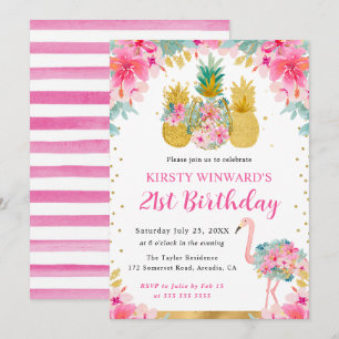 Rosa und Goldene Ananas & Flamingo 21. Geburtstag Einladung