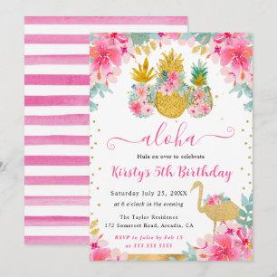 Rosa und goldene Ananas & Flamingo Kindergeburtsta Einladung