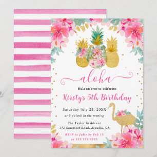 Rosa und Goldene Ananas & Flamingo Kindergeburtsta Einladung