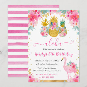 Rosa und goldene Ananas & Flamingo Kindergeburtsta Einladung