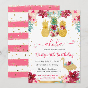 Rosa und goldene Ananas & Flamingo Kindergeburtsta Einladung