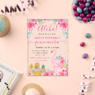 Rosa und goldene Ananas & Flamingo Quinceanera Acryleinladungen