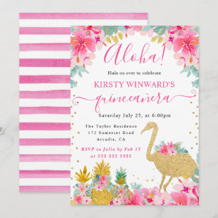 Rosa und goldene Ananas & Flamingo Quinceanera Einladung