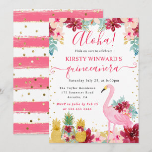 Rosa und goldene Ananas & Flamingo Quinceanera Einladung