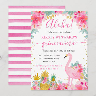 Rosa und goldene Ananas & Flamingo Quinceanera Einladung
