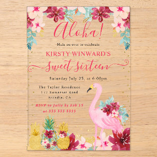Rosa und goldene Ananas & Flamingo Sweet 16 Acryleinladungen