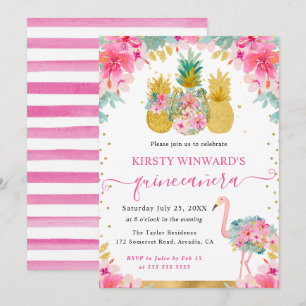Rosa und Goldene Ananas und Flamingo Quinceanera Einladung