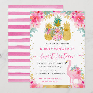 Rosa und Goldene Ananas und Flamingo Sweet 16 Einladung