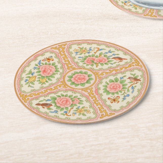 Rosa und goldene antike Rose Medallion Runder Pappuntersetzer (Angewinkelt)