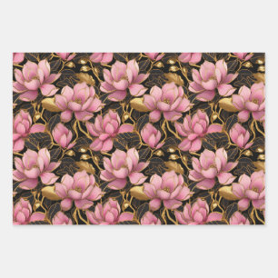 Rosa und goldene blühende Magnolienblüten Geschenkpapier Set