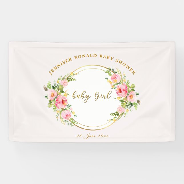 Rosa und goldene Blume Kindermädchendusche Banner (Horizontal)