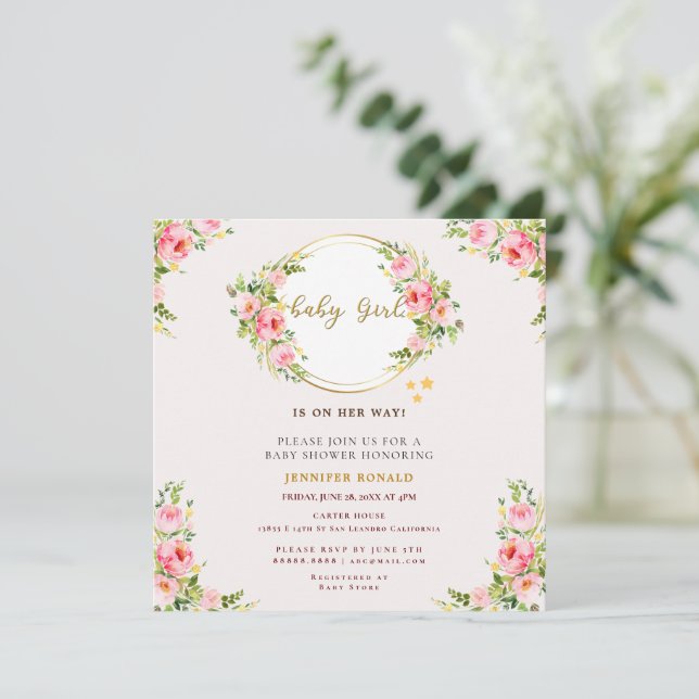 Rosa und goldene Blume Kindermädchendusche Einladung (Stehend Vorderseite)