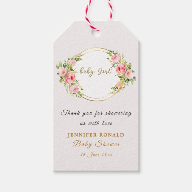 Rosa und goldene Blume Kindermädchendusche Geschenkanhänger (Vorderseite)