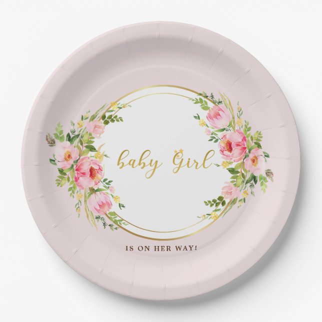 Rosa und goldene Blume Kindermädchendusche Pappteller (Vorderseite)