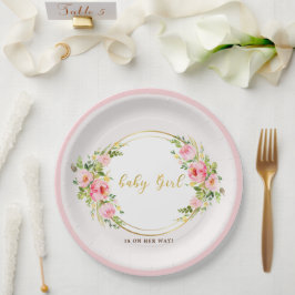 Rosa und goldene Blume Kindermädchendusche Pappteller