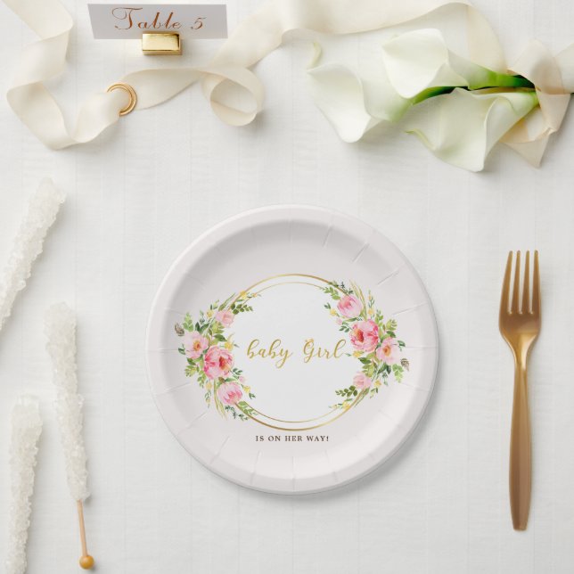 Rosa und goldene Blume Kindermädchendusche Pappteller (Hochzeit)