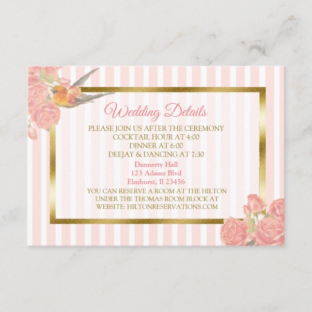 Rosa und goldene Blume und Bird Wedding Detail Car Begleitkarte (Vorderseite)