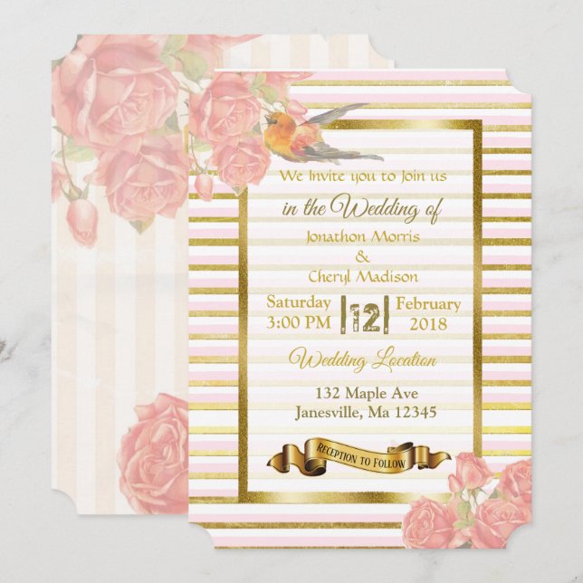 Rosa und goldene Blume und Einladungen für Vogelho (Vorne/Hinten)