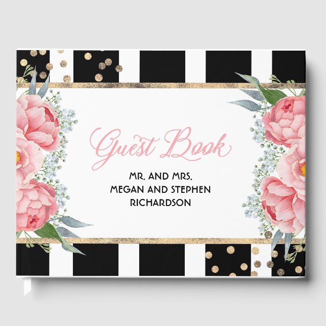 Rosa und goldene Blumen Elegante Peony Wedding Gästebuch (Vorderseite)