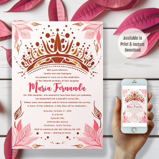 Rosa und goldene Blumenkronen Quinceañera Party Einladung