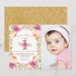 Rosa und goldene Blumenmädchen 1. Geburtstag Foto Einladung