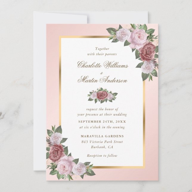 Rosa und goldene Blumenzwiebeleinladungen Einladung (Vorderseite)