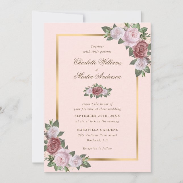 Rosa und goldene Blumenzwiebeleinladungen Einladung (Vorderseite)