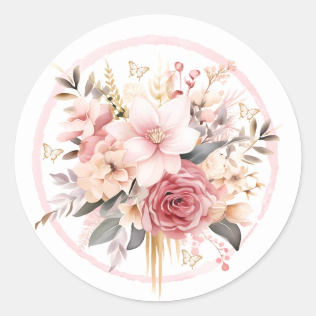 Rosa und goldene Blütenschmetterlingshochzeit Runder Aufkleber (Vorderseite)