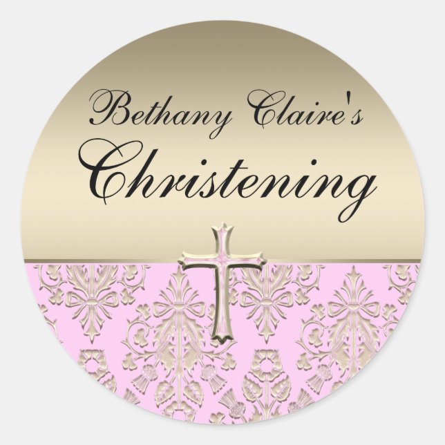 Rosa und goldene Damaske Christsticker Runder Aufkleber (Vorderseite)