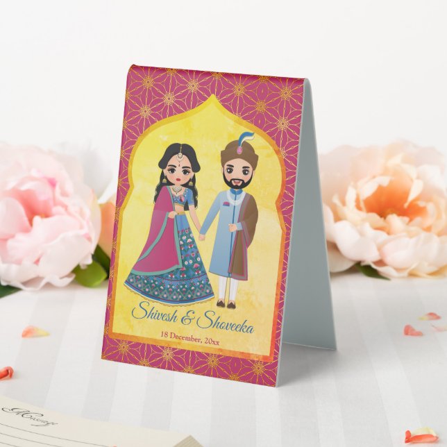 Rosa und goldene Designgrenze mit indischem Paar Tischaufsteller (In Situ (Hochzeit))