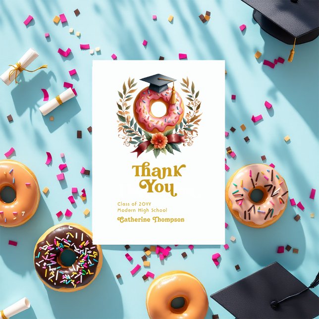 Rosa und goldene Donuts und Abschluss Dankeskarte (Pink and Gold Donuts and Degrees Graduation Thank You Card)