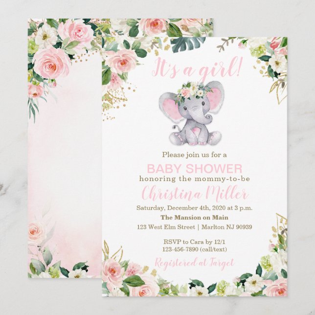 Rosa und goldene Elefant Baby Dusche Einladung Mäd (Vorne/Hinten)