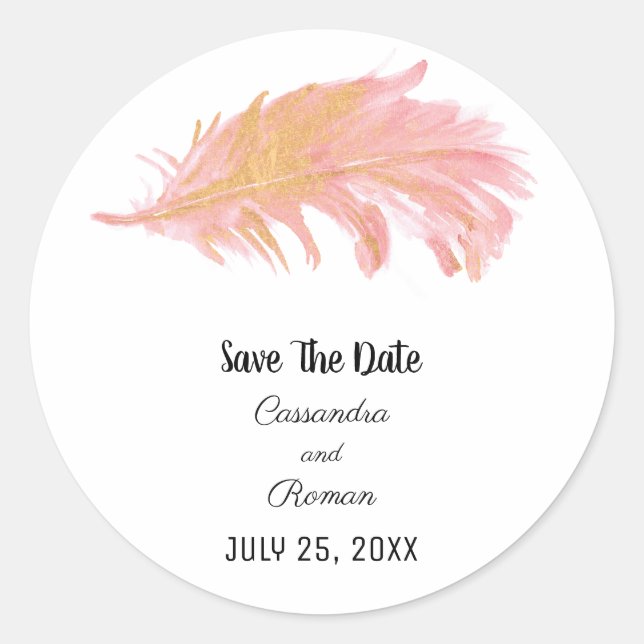Rosa und goldene Feder Save the Date Runder Aufkleber (Vorderseite)