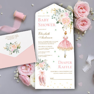 Rosa und Goldene Florale Ballerina Baby Shower All In One Einladung