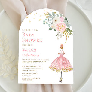 Rosa und Goldene Florale Ballerina Tor Baby Shower Einladung