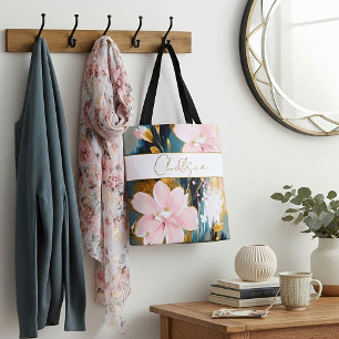 Rosa und goldene florale personalisierte tasche