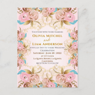 Rosa und goldene florale Rahmen Hochzeit Postkarte