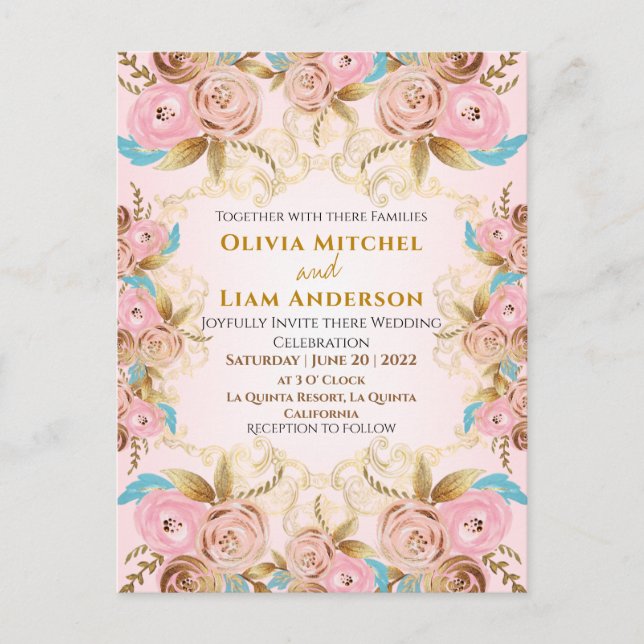 Rosa und goldene florale Rahmen Hochzeit Postkarte (Vorderseite)