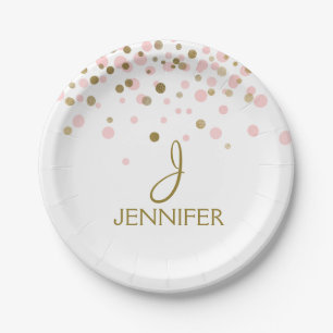 Rosa und goldene Foil Girly Confetti Monogram Pappteller