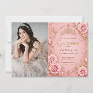 Rosa und Goldene Foto-Quinceanera-Einladung Einladung